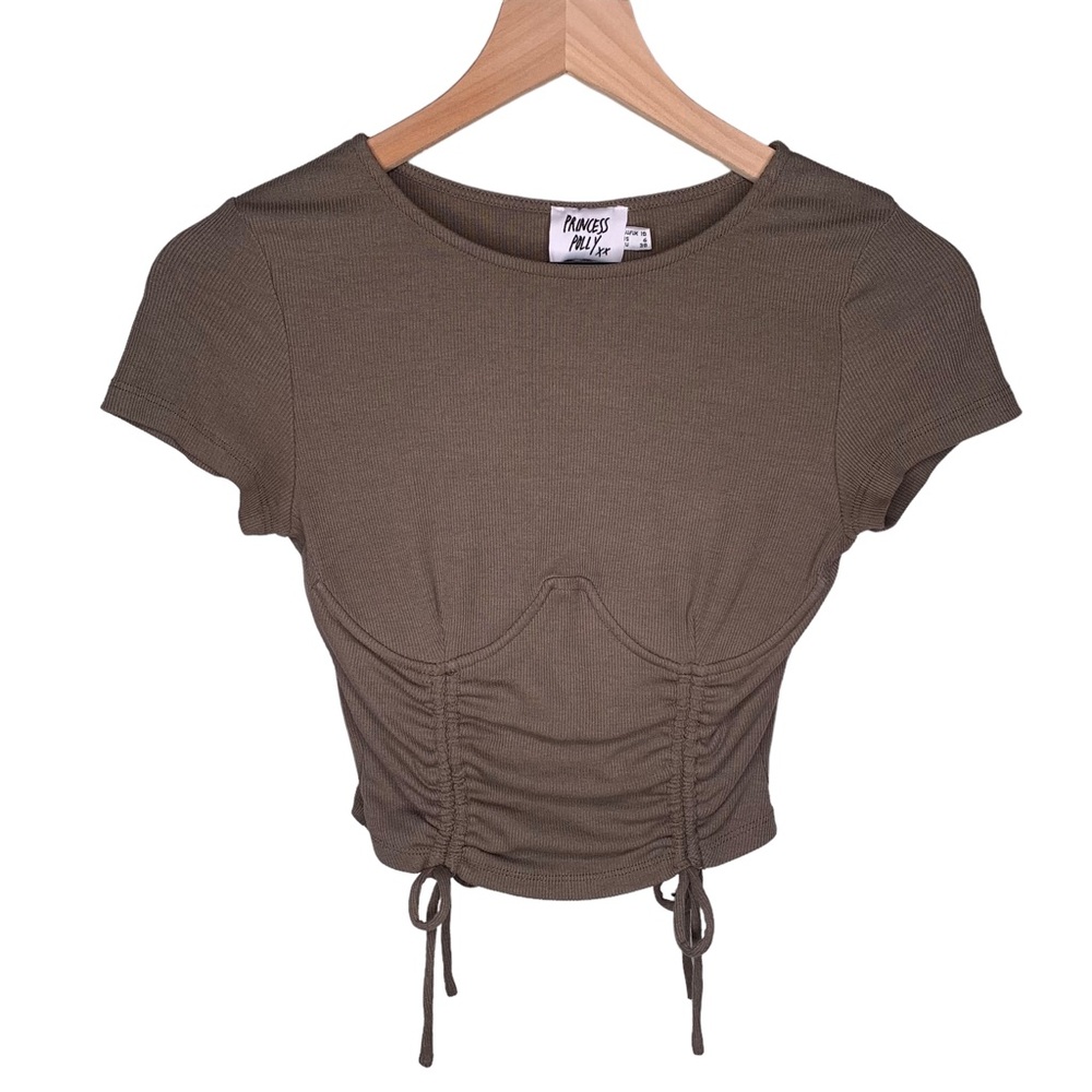 Princess Polly Olive Underwire Double Tie Front Crop Top Short Sleeve Round Neck